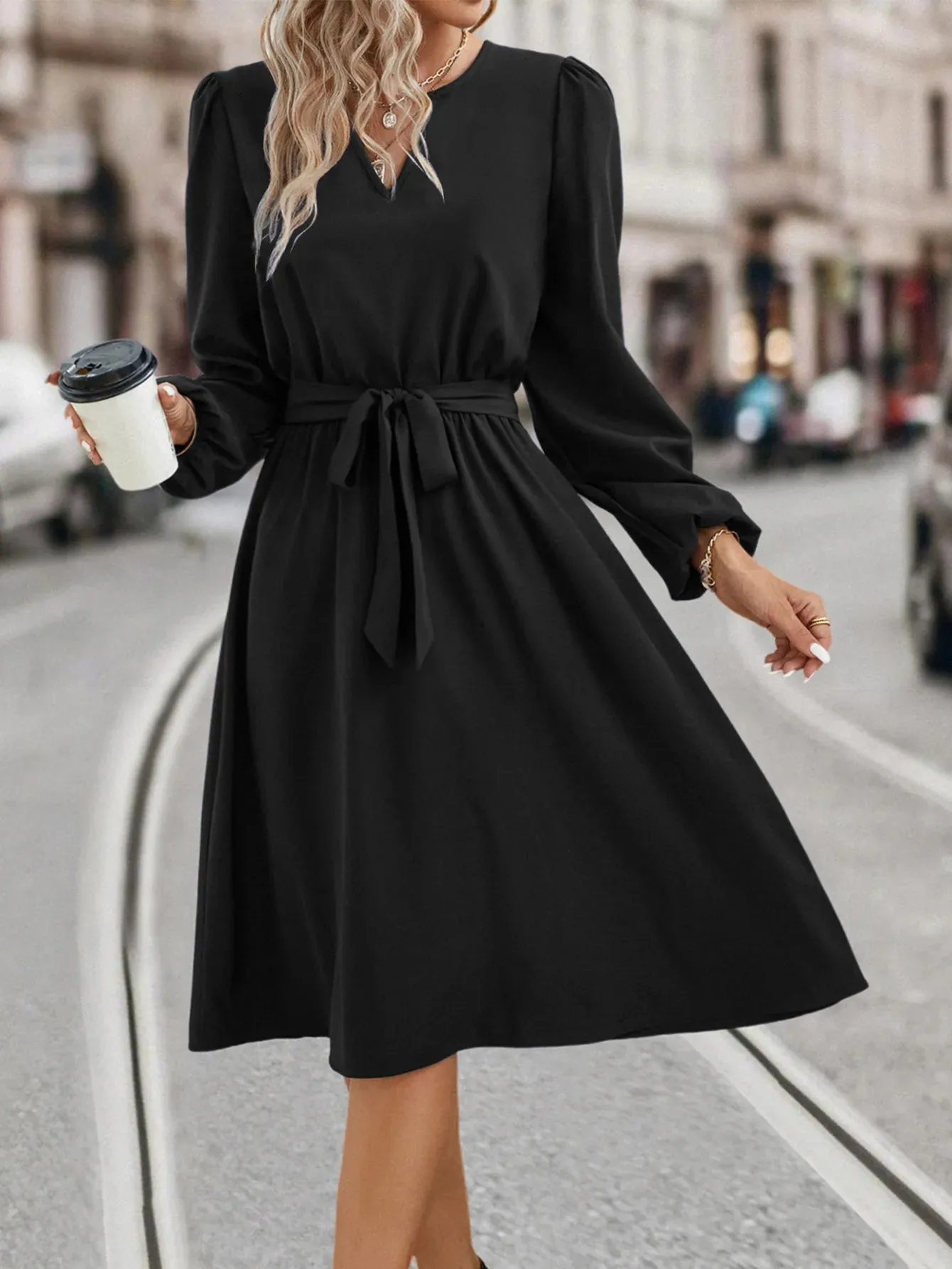 New Autumn And Winter Women's Fashion Long Sleeved Small V-neck Strap Dress Women's Green Elegant Casual Waist Pulling Vestidos