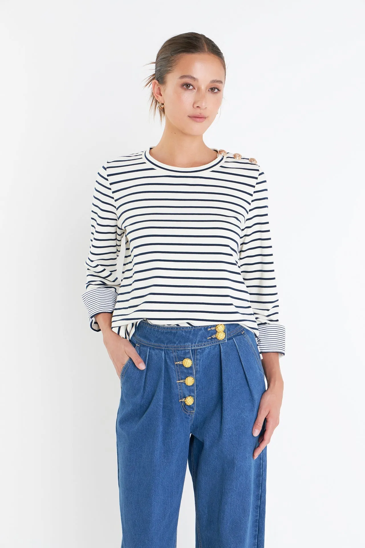 Striped Breton Tee with Fold Over Combo Cuff