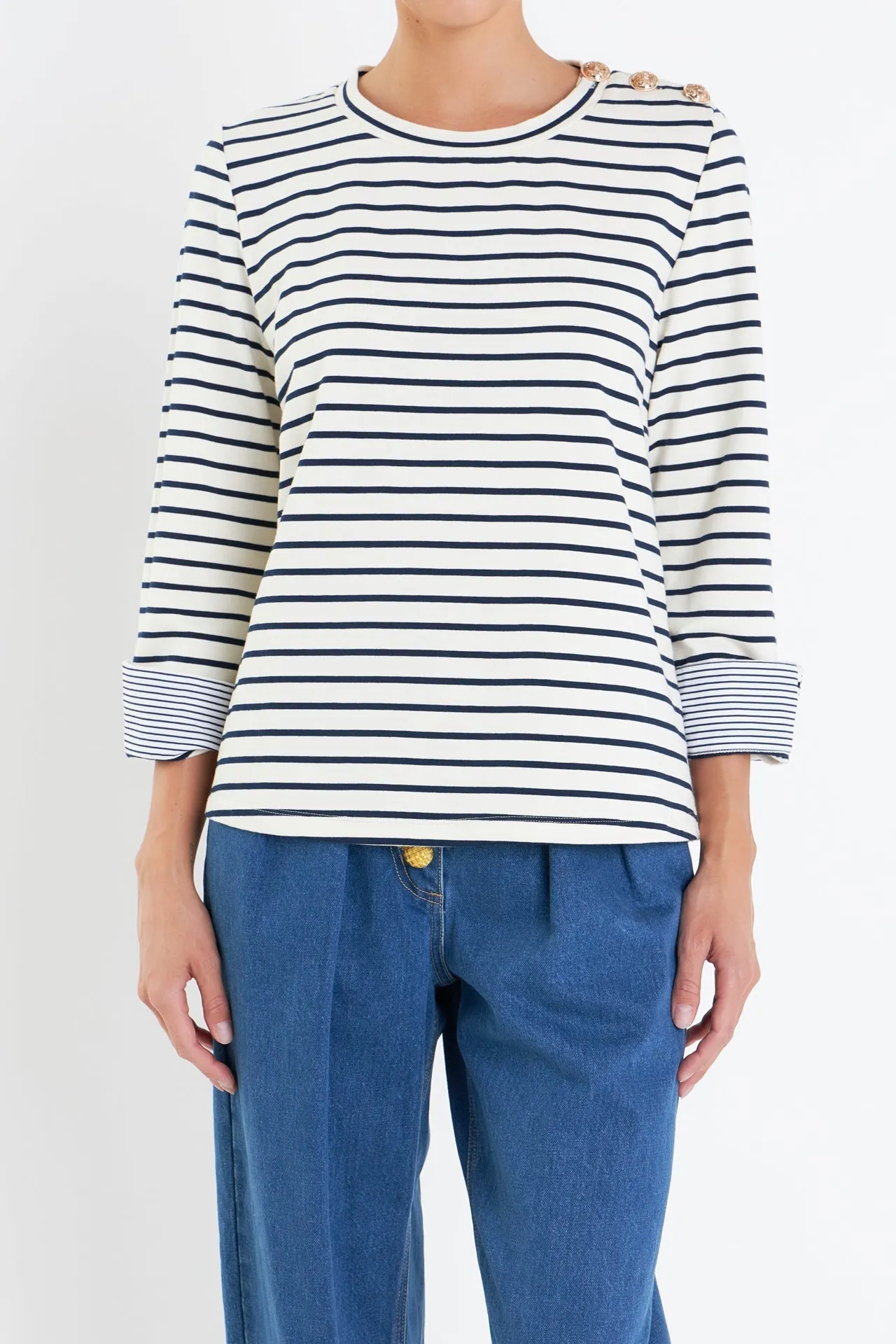 Striped Breton Tee with Fold Over Combo Cuff