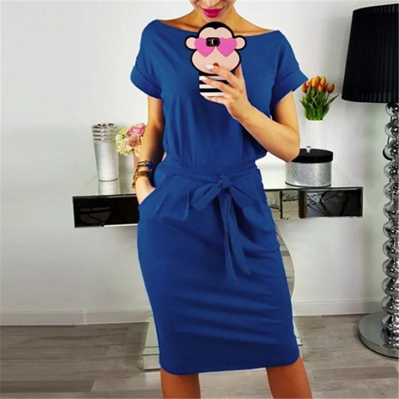 Summer Fashion Ladies Sheath Dress Casual O-Neck Short Sleeve Slim Sashes Dresses Women Elegant Bodycon Vintage Vestidos