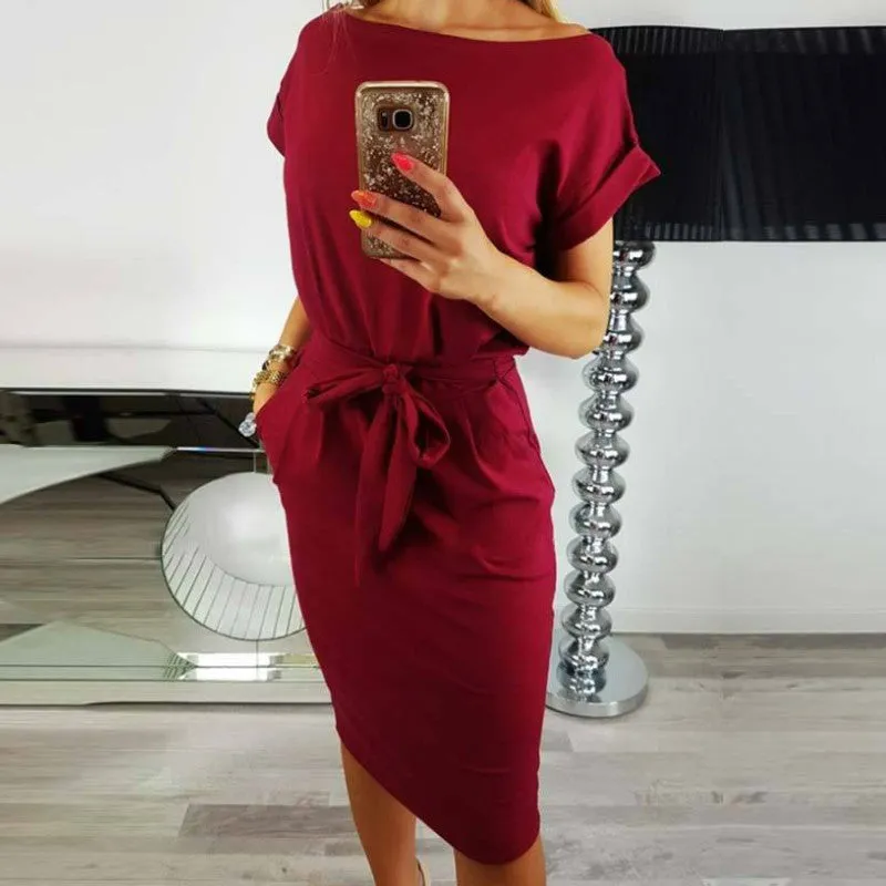 Summer Fashion Ladies Sheath Dress Casual O-Neck Short Sleeve Slim Sashes Dresses Women Elegant Bodycon Vintage Vestidos