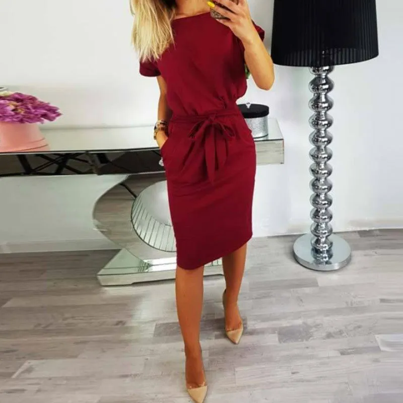 Summer Fashion Ladies Sheath Dress Casual O-Neck Short Sleeve Slim Sashes Dresses Women Elegant Bodycon Vintage Vestidos