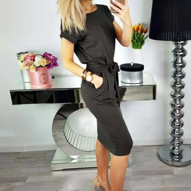 Summer Fashion Ladies Sheath Dress Casual O-Neck Short Sleeve Slim Sashes Dresses Women Elegant Bodycon Vintage Vestidos