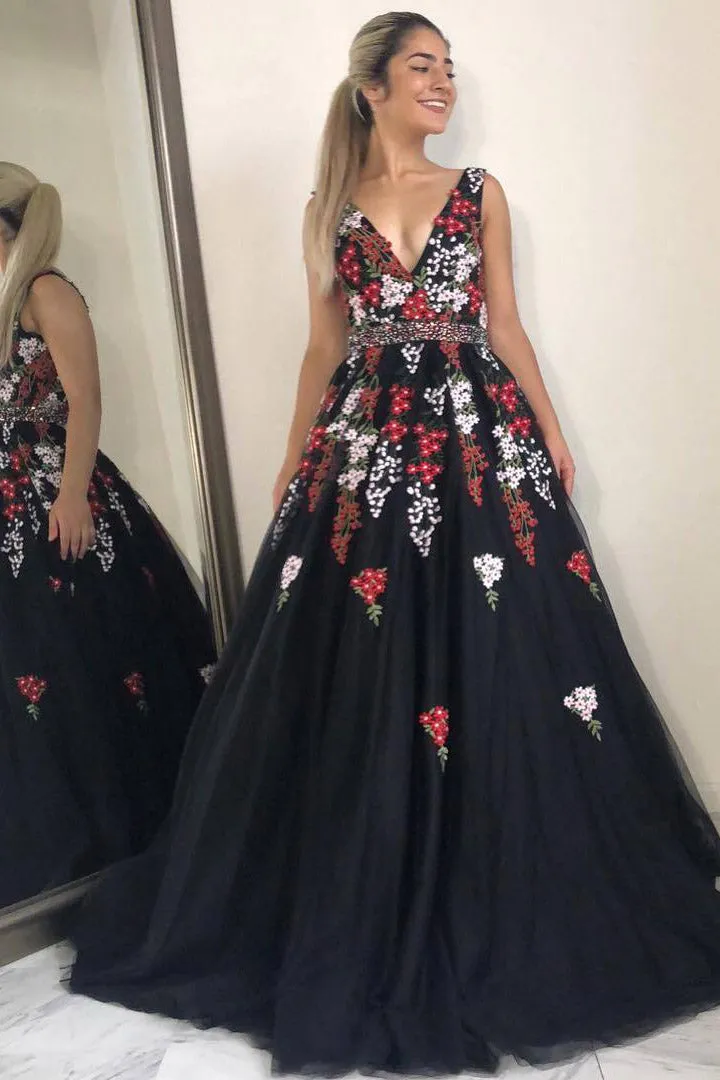 Susie | Princess A-line Black Long Prom Dress with Embroidery